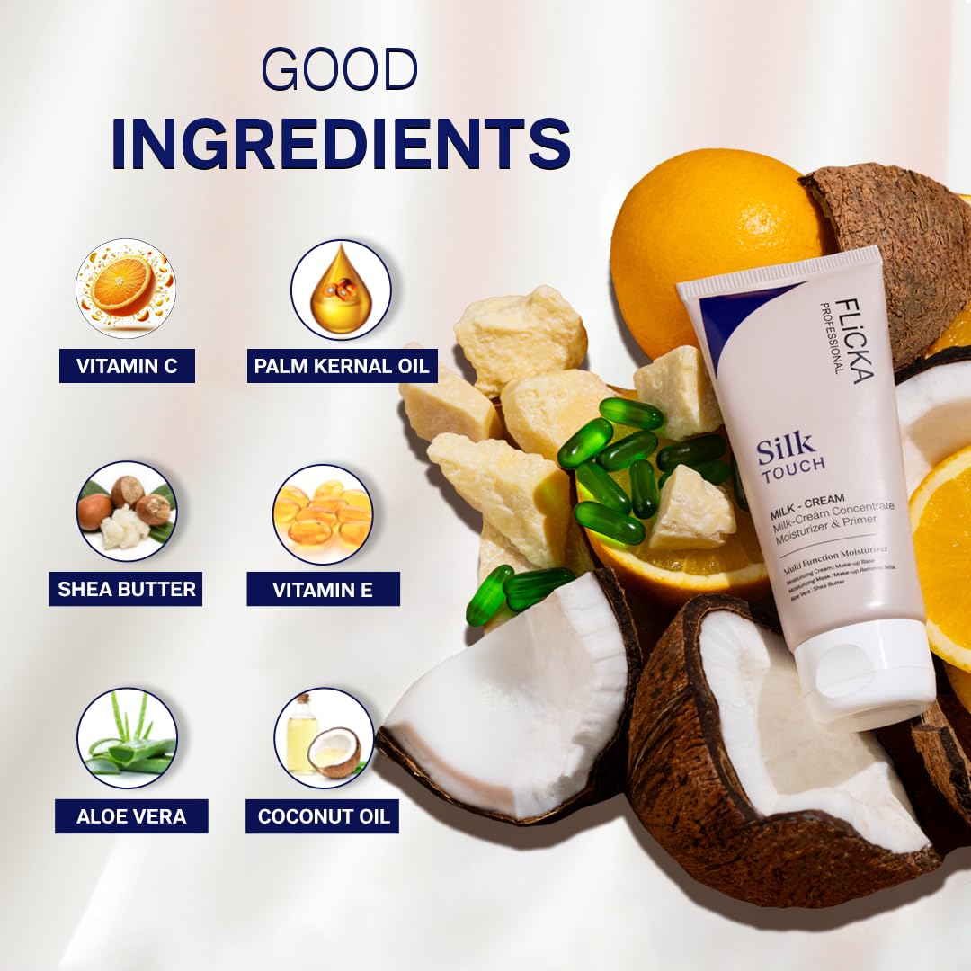 Flicka Silk Touch milk cream with ingredients like vitamin C, palm kernel oil, shea butter, vitamin E, aloe vera, and coconut oil displayed on a white background.