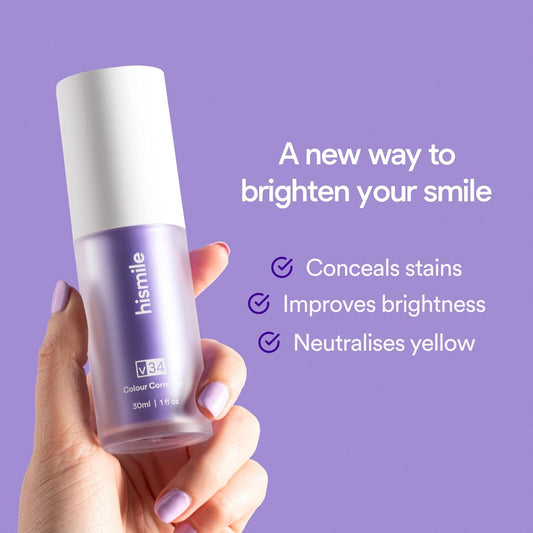 Bottle of 'hismile' dental product held by a hand with a purple background and text about its benefits.