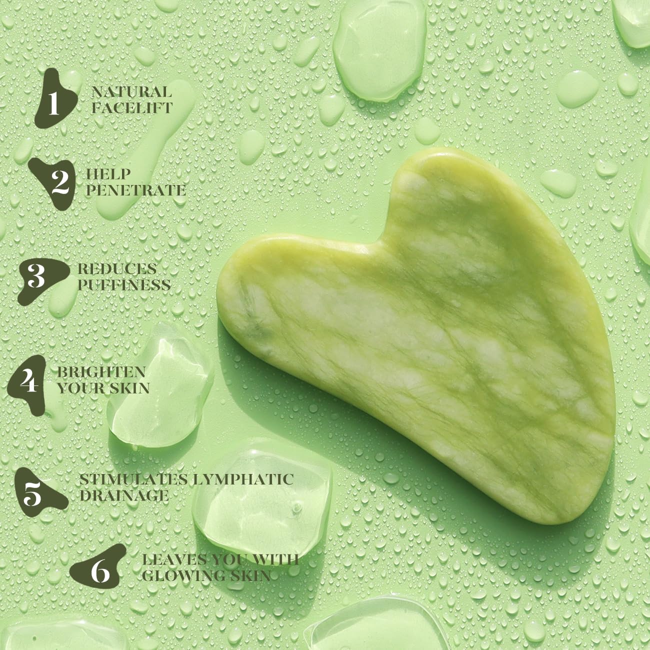 Green jade gua sha tool on a green background with text describing its benefits.