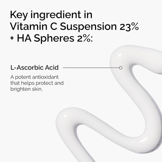 Ingredient highlight image for The Ordinary Vitamin C Suspension 23% + Hyaluronic Acid Spheres 2%, featuring pure L-Ascorbic Acid, a powerful antioxidant that helps brighten skin, reduce dullness, and protect against environmental stressors.