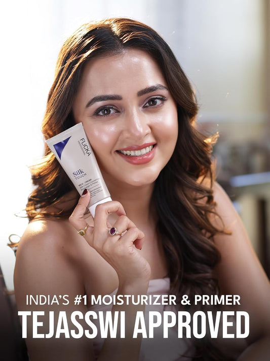 Woman holding a skincare product with text about it being India's #1 moisturizer and primer, Tejasswi approved.