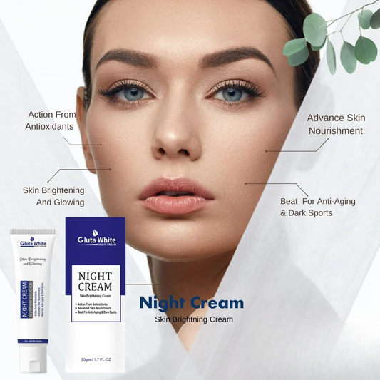 Woman's face with Gluta White Night Cream packaging and product details.