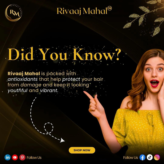 Advertisement for Rivaaj Mahal with a woman pointing to text about hair care benefits on a dark background.