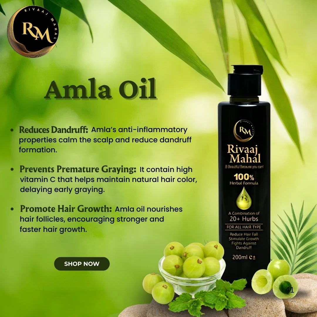 Rivaaj Mahal Amla oil bottle with green leaves and amla fruits on a green background