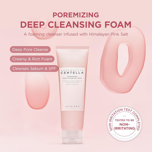 Promotional image of SKIN1004 Madagascar Centella Poremizing Deep Cleansing Foam 125ml highlighting deep pore cleansing benefits. Formulated with Himalayan Pink Salt, this rich foaming cleanser helps remove excess sebum, SPF residue, makeup, and impurities while providing a creamy, luxurious lather. Features a non-irritating formula suitable for sensitive skin, leaving pores purified and skin feeling fresh, clean, and smooth.