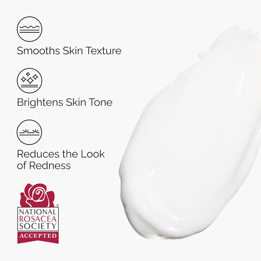 Cream texture of The Ordinary Azelaic Acid Suspension 10% highlighting key benefits including smoother skin texture, brighter skin tone, and reduced appearance of redness. Rosacea Society accepted formula.