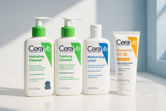 CeraVe 4-in-1 Skincare Bundle featuring Hydrating Cleanser, Foaming Cleanser, Moisturizing Lotion, and SPF Sunscreen for daily hydration and skin barrier support