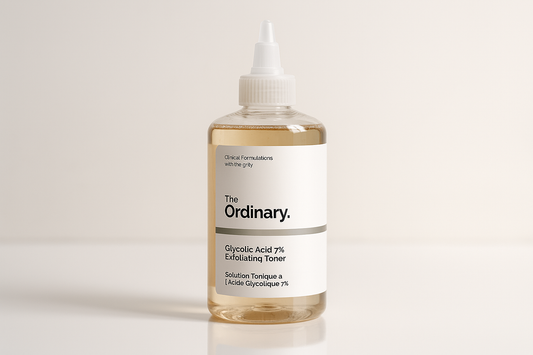 The Ordinary Glycolic Acid 7% Exfoliating Toner bottle for skin brightening, exfoliation, dark spot treatment, and smoother glowing skin