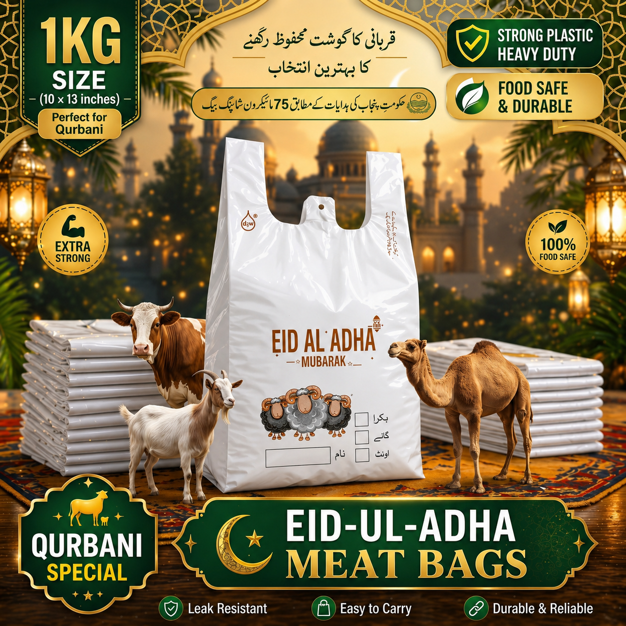 Eid-ul-Adha meat bags with animals and decorative text on a scenic background