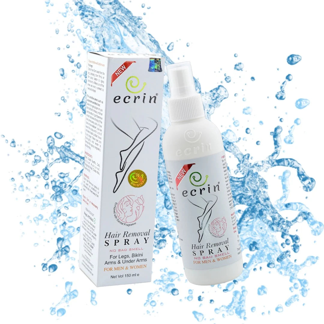 Ecrin hair removal spray bottle and packaging with water splash background