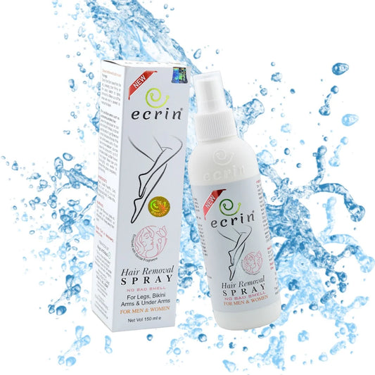 Ecrin hair removal spray bottle and packaging with water splash background