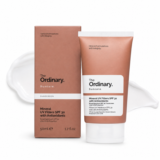 The Ordinary Mineral UV Filters SPF 30 with Antioxidants sunscreen displayed with its retail box and 50ml tube. A mineral-based broad-spectrum SPF 30 sunscreen formulated with antioxidants to help protect skin from UVA/UVB rays and environmental stressors while supporting daily hydration.