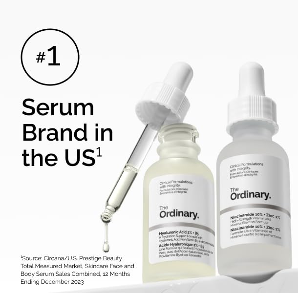 Promotional image featuring The Ordinary Hyaluronic Acid 2% + B5 and Niacinamide 10% + Zinc 1% serums alongside a dropper. The graphic highlights the brand as the "#1 Serum Brand in the US" and showcases two of its most popular skincare products for hydration, blemish support, and overall skin health.