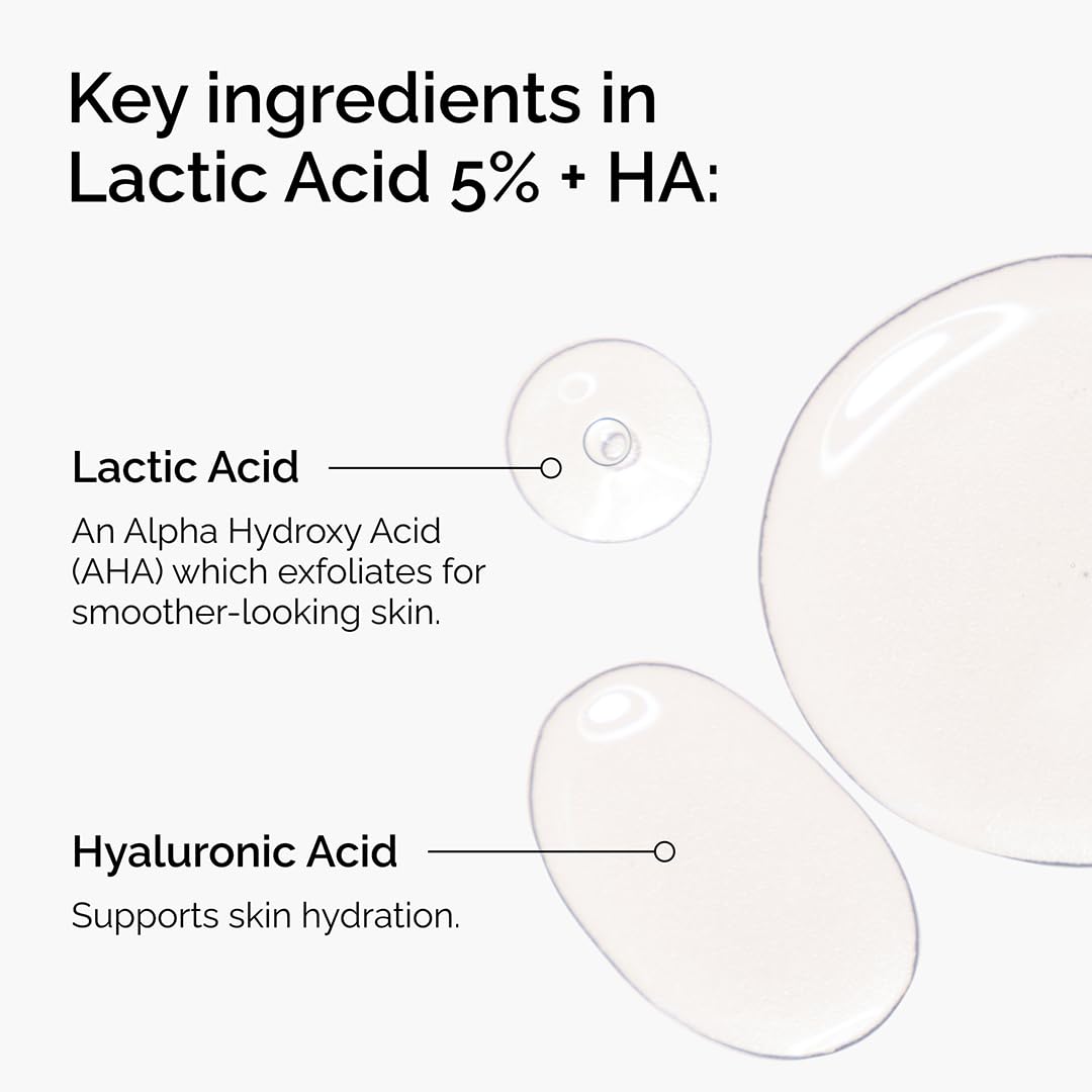 Informational graphic highlighting the key ingredients in The Ordinary Lactic Acid 5% + HA serum. Features Lactic Acid, an Alpha Hydroxy Acid (AHA) that gently exfoliates for smoother-looking skin, and Hyaluronic Acid, which helps support skin hydration. Includes a close-up view of the serum texture with ingredient callouts.