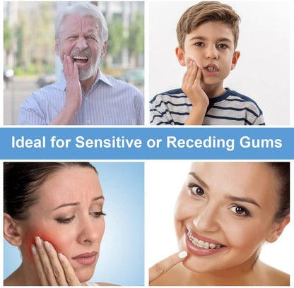 Collage of people with dental issues and a smiling person, with text 'Ideal for Sensitive or Receding Gums'.