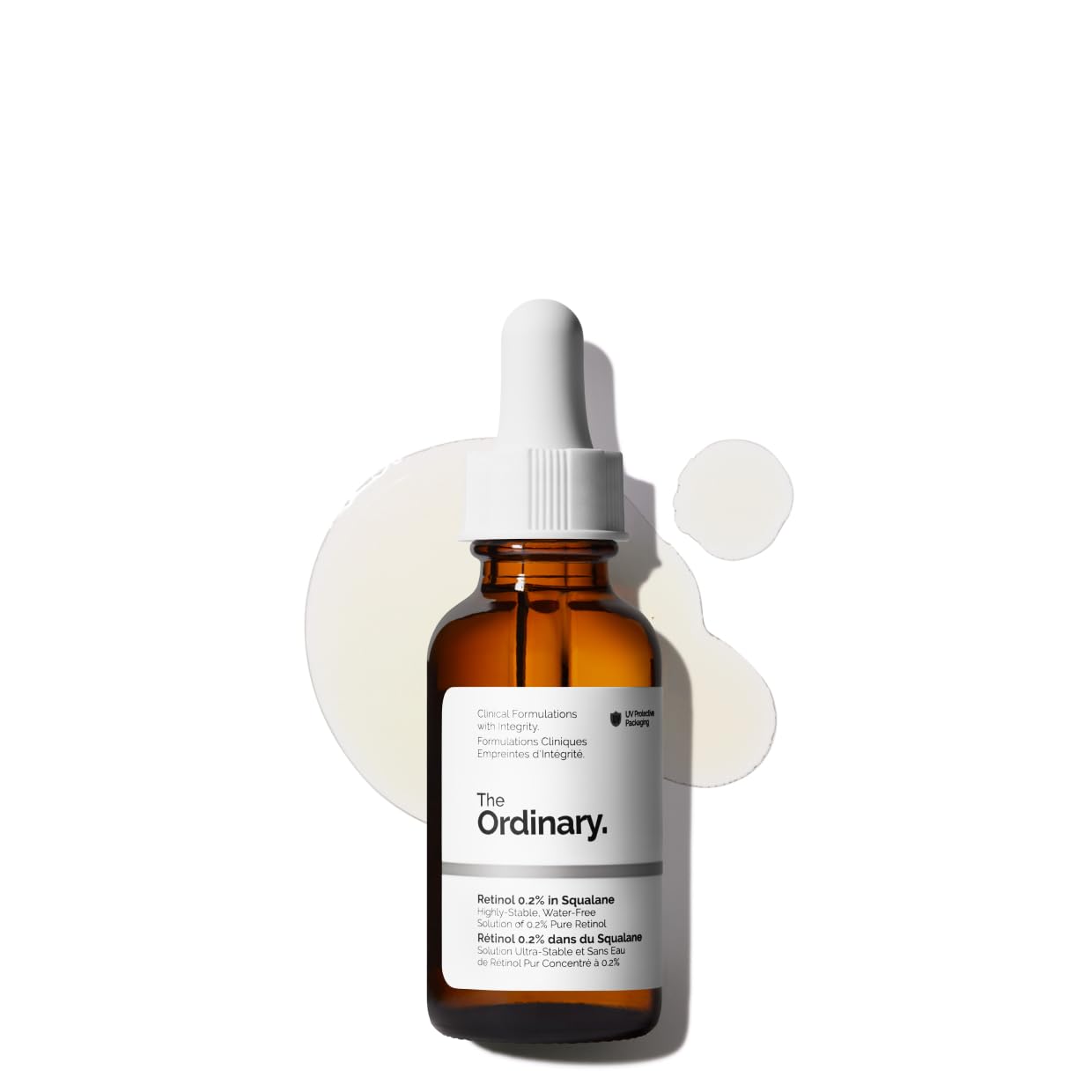 The Ordinary Retinol 0.2% in Squalane serum bottle displayed on a clean background with serum texture swatches. A beginner-friendly retinol serum formulated with 0.2% pure retinol and squalane to help improve skin texture, reduce fine lines, smooth uneven tone, and support a youthful-looking complexion.