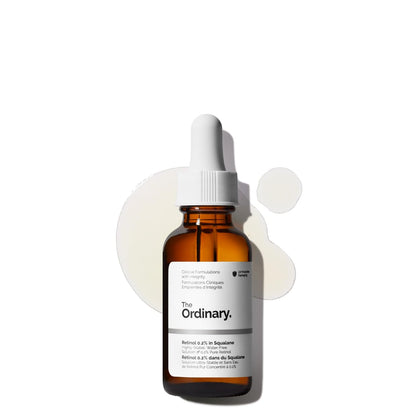 The Ordinary Retinol 0.2% in Squalane serum bottle displayed on a clean background with serum texture swatches. A beginner-friendly retinol serum formulated with 0.2% pure retinol and squalane to help improve skin texture, reduce fine lines, smooth uneven tone, and support a youthful-looking complexion.
