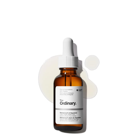 The Ordinary Retinol 0.2% in Squalane serum bottle displayed on a clean background with serum texture swatches. A beginner-friendly retinol serum formulated with 0.2% pure retinol and squalane to help improve skin texture, reduce fine lines, smooth uneven tone, and support a youthful-looking complexion.