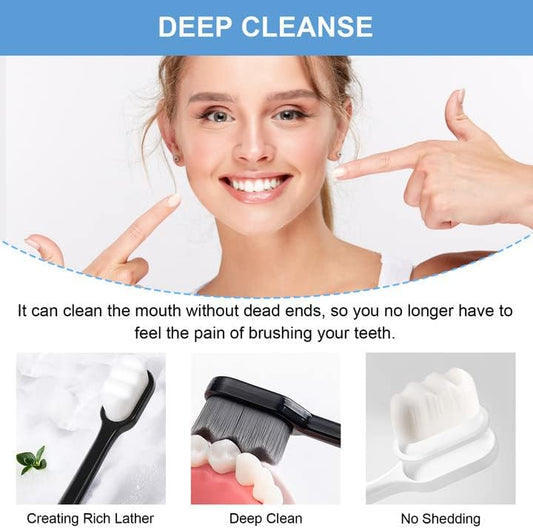 Product advertisement for dental cleaning tools with a woman pointing to her smile.