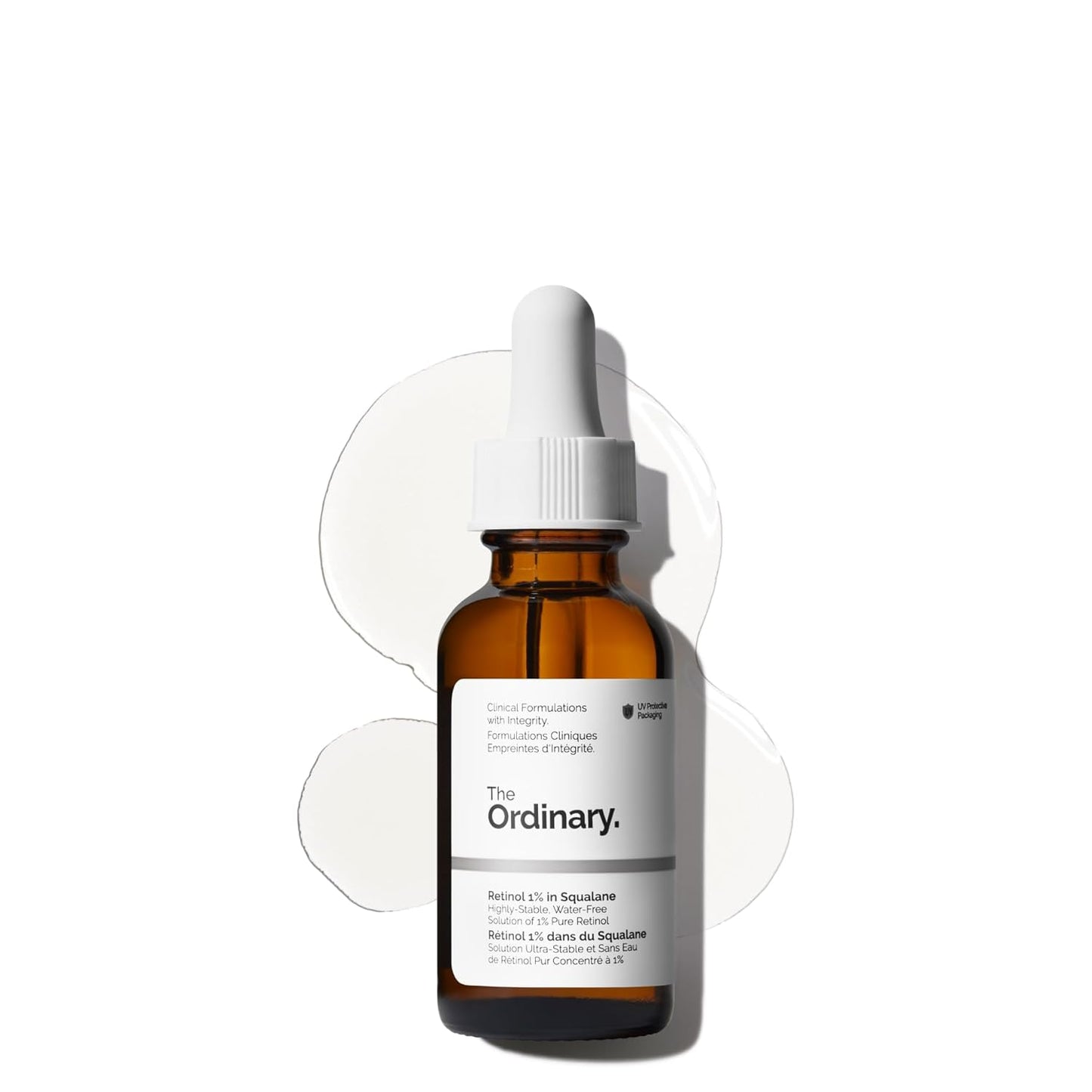 The Ordinary Retinol 1% in Squalane anti-aging serum in an amber glass dropper bottle displayed against a light background with clear serum texture swatches, designed to help reduce fine lines, improve skin texture, and promote smoother-looking skin.