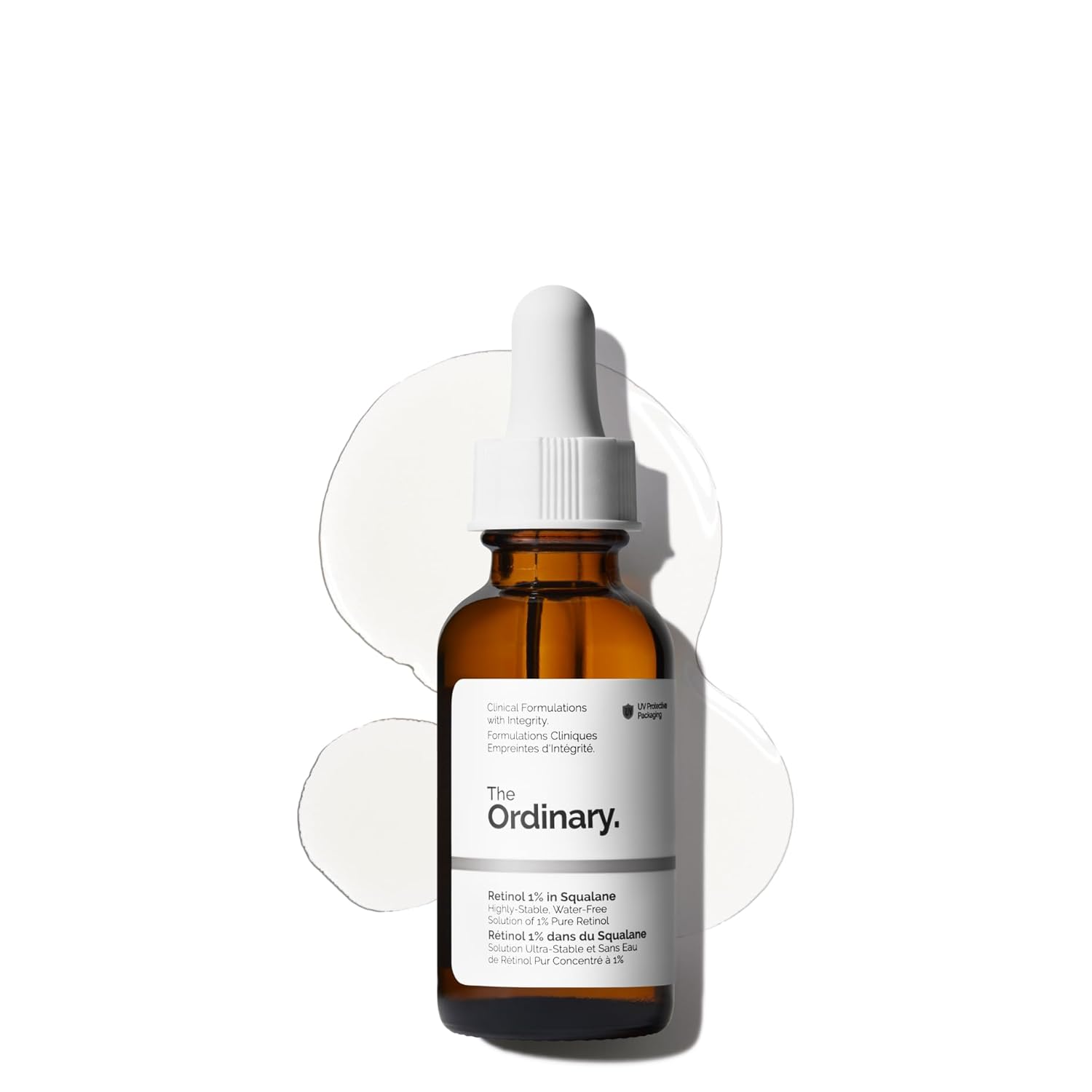 The Ordinary Retinol 1% in Squalane anti-aging serum in an amber glass dropper bottle displayed against a light background with clear serum texture swatches, designed to help reduce fine lines, improve skin texture, and promote smoother-looking skin.