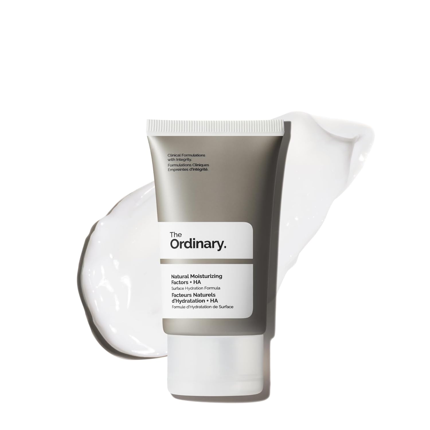 The Ordinary Natural Moisturizing Factors + Hyaluronic Acid (NMF + HA) moisturizer tube displayed with a cream texture swatch in the background. Lightweight daily face moisturizer formulated to provide long-lasting hydration, strengthen the skin barrier, and support healthy, smooth, and moisturized skin. Suitable for all skin types and daily skincare routines.