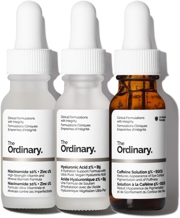 Close-up image of The Ordinary The Most-Loved Set featuring three mini serum bottles: Niacinamide 10% + Zinc 1% for blemish-prone skin, Hyaluronic Acid 2% + B5 for hydration, and Caffeine Solution 5% + EGCG for under-eye care. The products are displayed side by side against a clean white background.