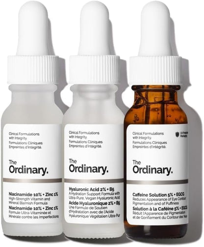 Close-up image of The Ordinary The Most-Loved Set featuring three mini serum bottles: Niacinamide 10% + Zinc 1% for blemish-prone skin, Hyaluronic Acid 2% + B5 for hydration, and Caffeine Solution 5% + EGCG for under-eye care. The products are displayed side by side against a clean white background.