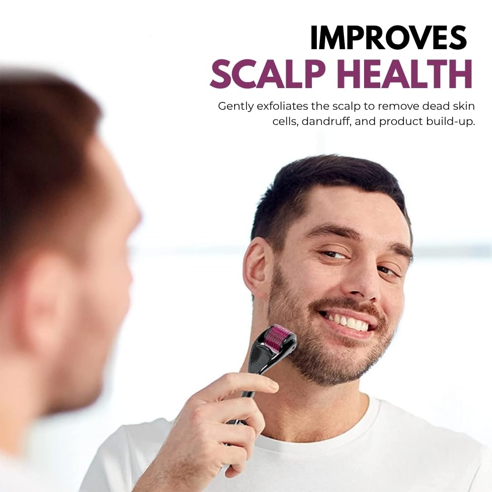 Man using a scalp care product with text about improving scalp health.