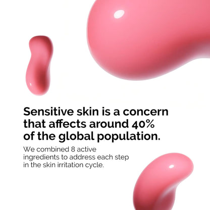 Promotional graphic featuring pink serum droplets and information about sensitive skin. The image highlights The Ordinary Soothing & Barrier Support Serum, noting that sensitive skin affects a large portion of the population and that the formula combines multiple active ingredients to help soothe irritation, reduce redness, strengthen the skin barrier, and improve overall skin comfort and hydration.