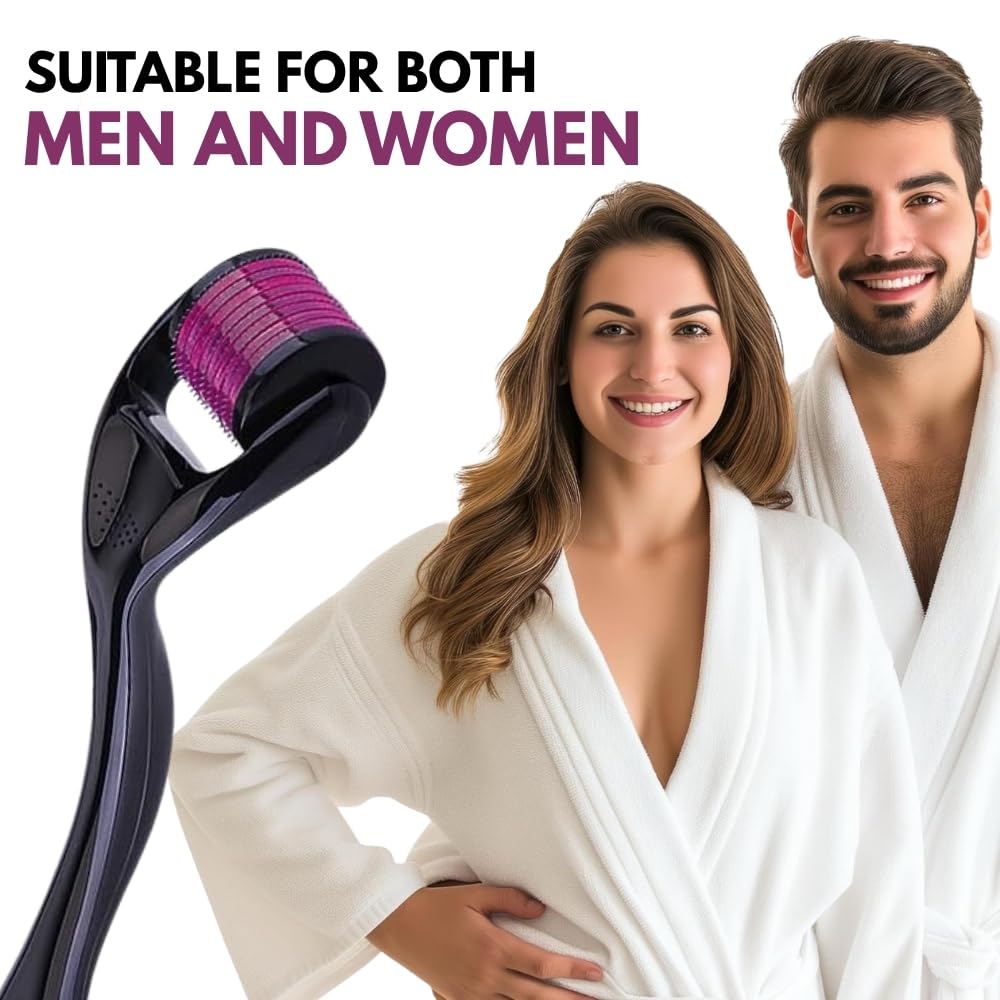 Woman and man in robes with a roller device, suitable for both men and women text.