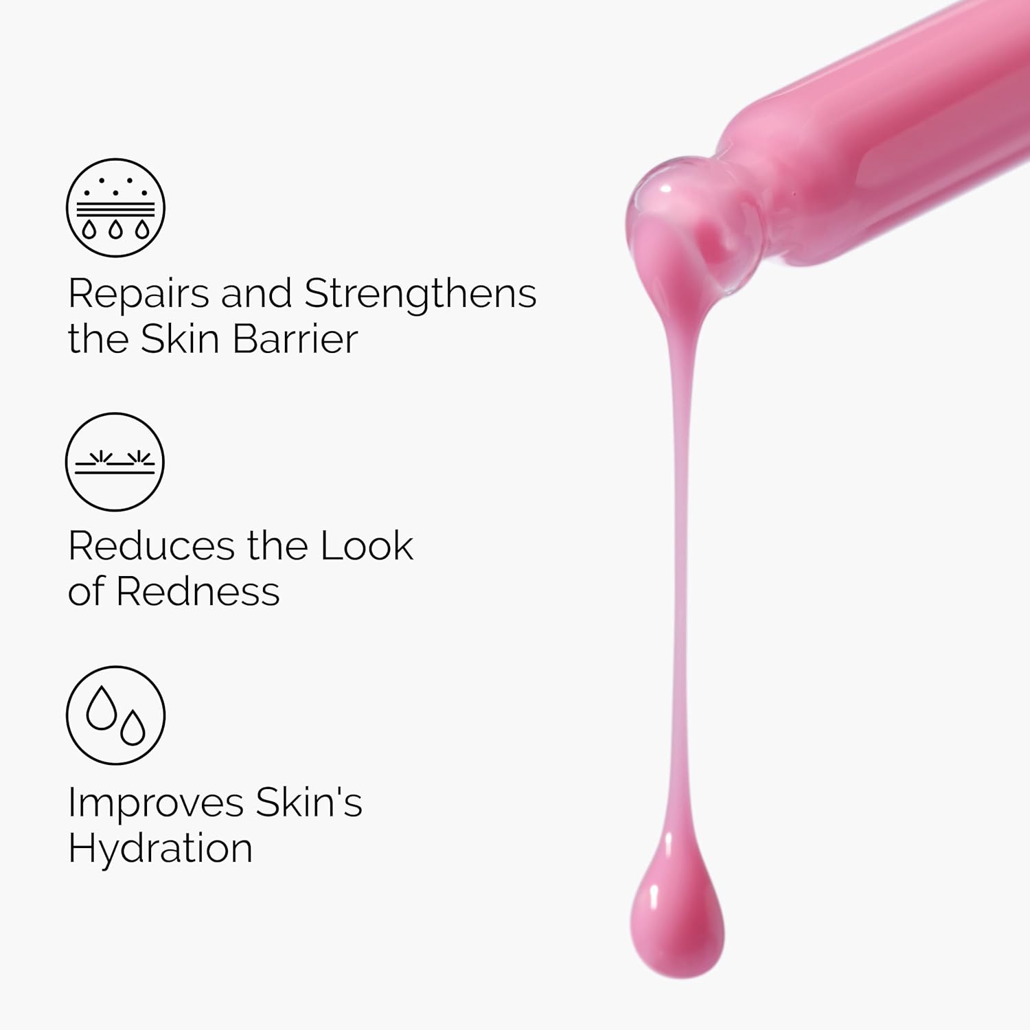 Infographic showcasing the benefits of The Ordinary Soothing & Barrier Support Serum with a pink serum drop flowing from a dropper. Highlights key benefits including repairing and strengthening the skin barrier, reducing the appearance of redness, and improving skin hydration for healthier, more resilient skin.