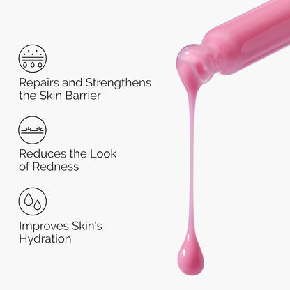 Infographic showcasing the benefits of The Ordinary Soothing & Barrier Support Serum with a pink serum drop flowing from a dropper. Highlights key benefits including repairing and strengthening the skin barrier, reducing the appearance of redness, and improving skin hydration for healthier, more resilient skin.