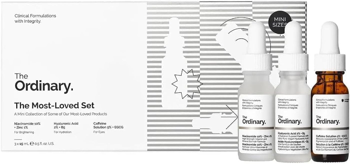 Product image of The Ordinary The Most-Loved Set featuring three mini-sized skincare products: Niacinamide 10% + Zinc 1%, Hyaluronic Acid 2% + B5, and Caffeine Solution 5% + EGCG. The set is displayed alongside its retail packaging and is designed to support hydration, brightening, blemish care, and under-eye appearance improvement.