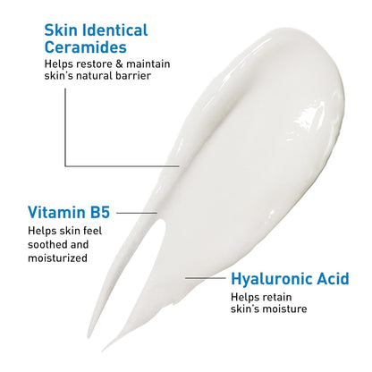 White cream with text describing Skin Identical Ceramides, Vitamin B5, and Hyaluronic Acid on a white background