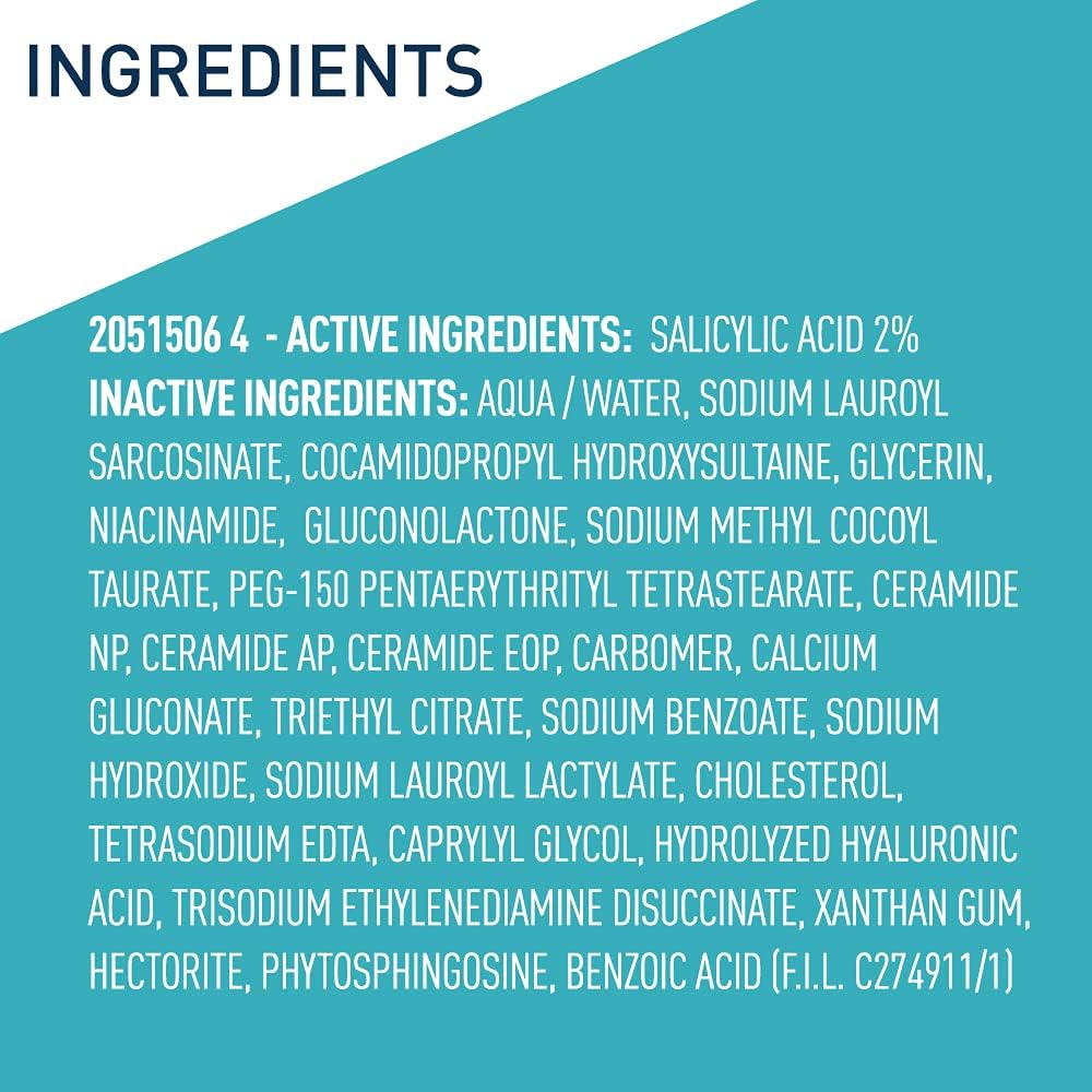 List of active and inactive ingredients on a blue background