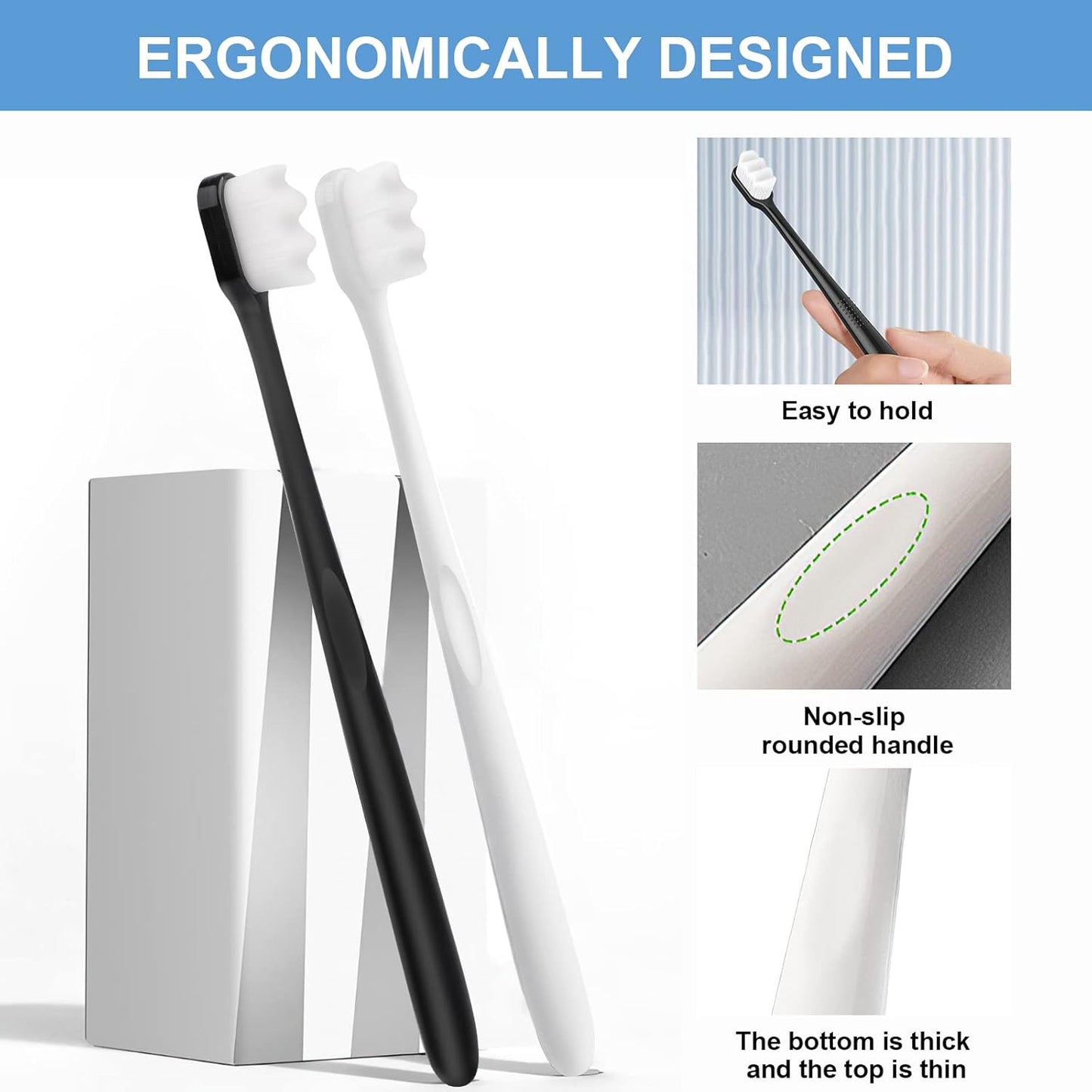 Two toothbrushes with ergonomic design features highlighted on a white background.