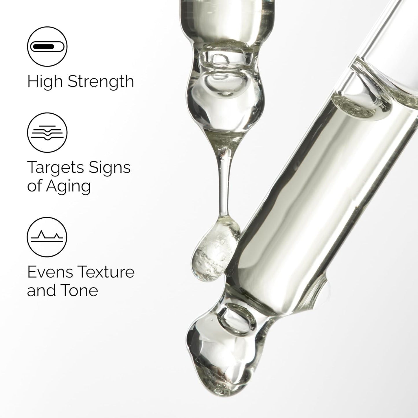 Infographic featuring The Ordinary Retinol 1% in Squalane serum benefits alongside close-up serum droppers. Highlights high-strength retinol formula, anti-aging support, reduction of visible signs of aging, and improvement of skin texture and tone for smoother, more refined-looking skin. 