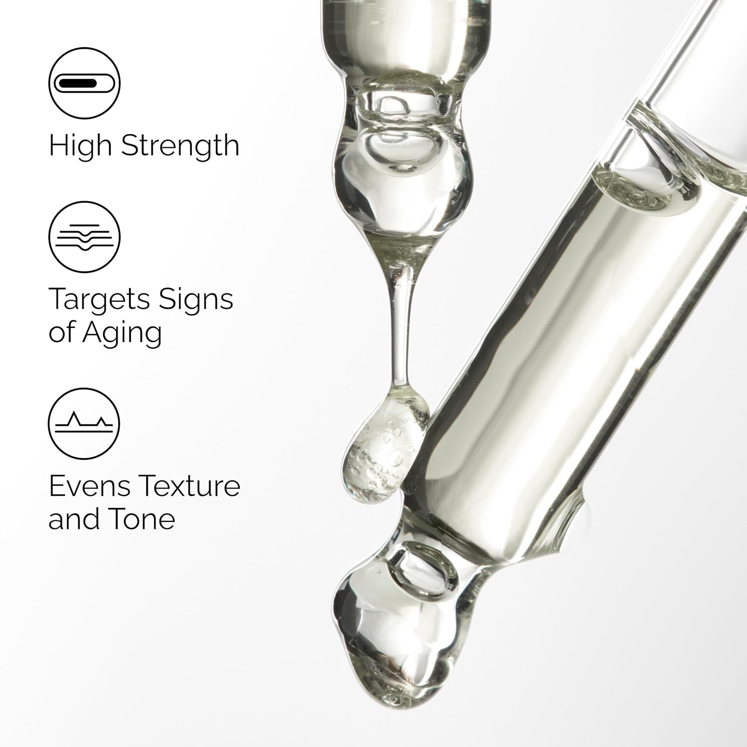 Infographic featuring The Ordinary Retinol 1% in Squalane serum benefits alongside close-up serum droppers. Highlights high-strength retinol formula, anti-aging support, reduction of visible signs of aging, and improvement of skin texture and tone for smoother, more refined-looking skin. 