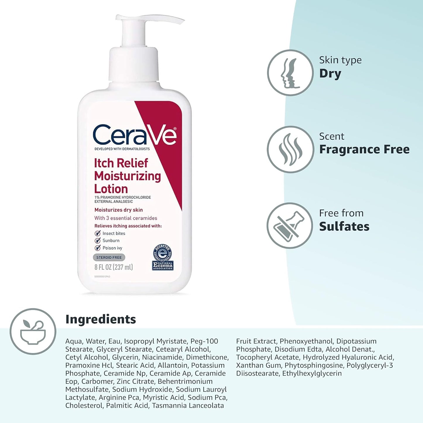 CeraVe Itch Relief Moisturizing Lotion with product details on a white background