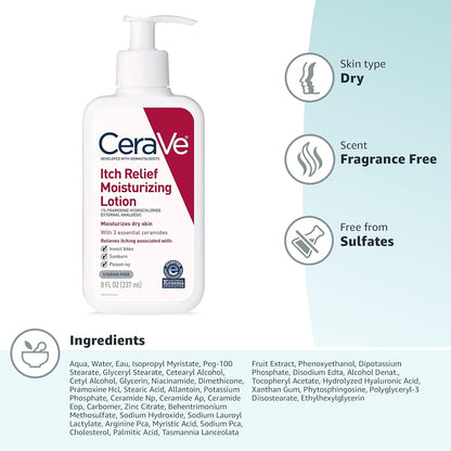 CeraVe Itch Relief Moisturizing Lotion with product details on a white background