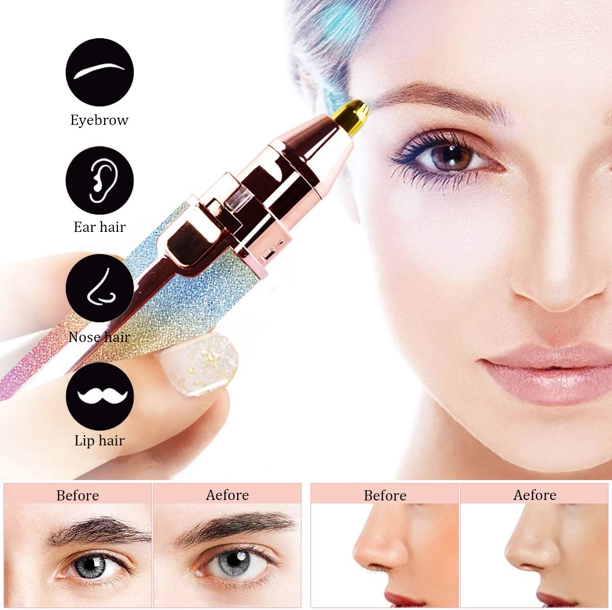 Hair removal device with close-up of a woman's face and hair removal areas indicated.