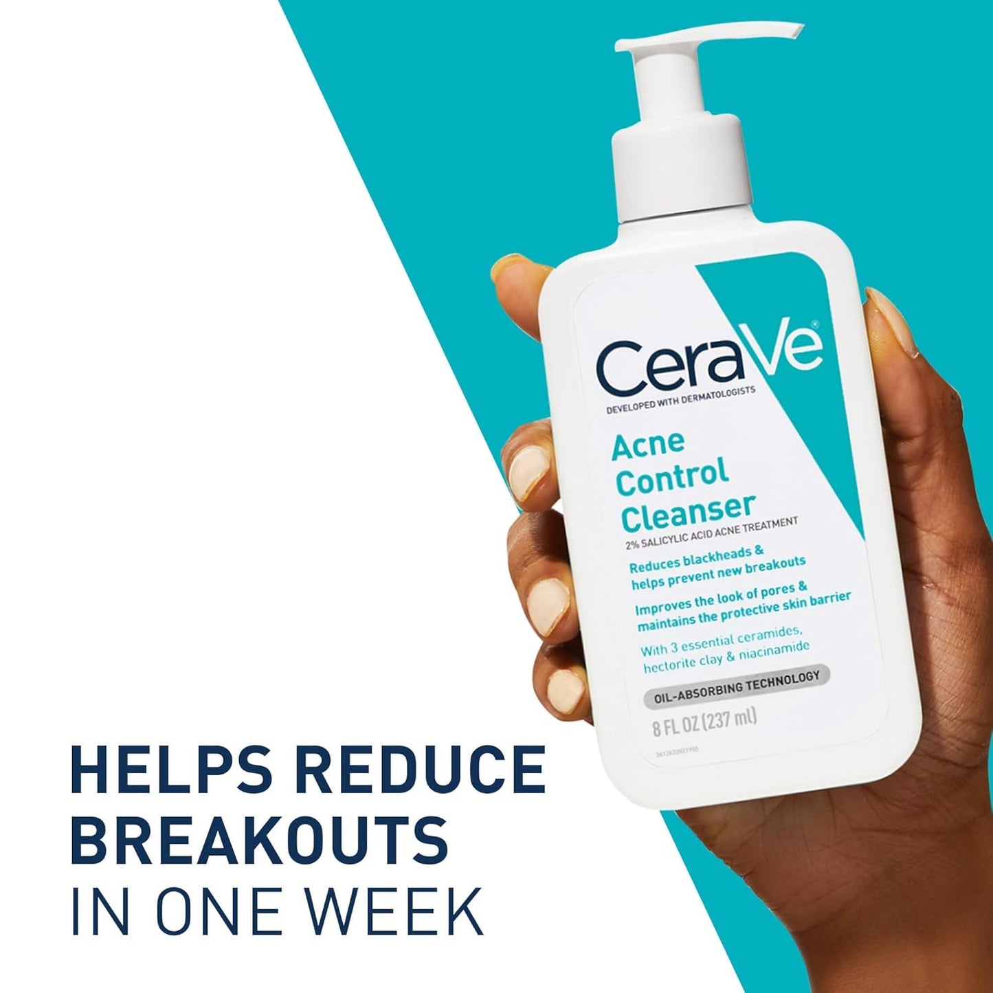 CeraVe Acne Control Cleanser held by a hand with promotional text on a blue and white background