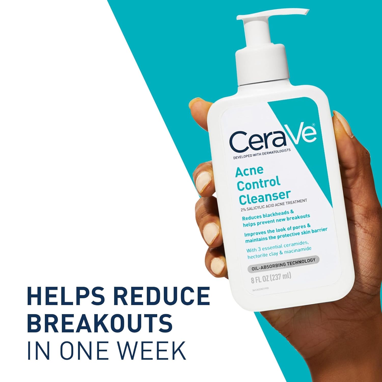 CeraVe Acne Control Cleanser held by a hand with promotional text on a blue and white background