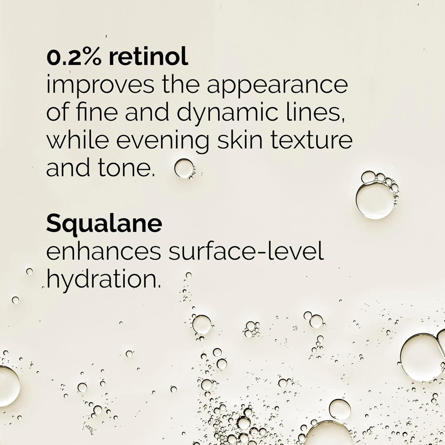Informational graphic highlighting the key ingredients in The Ordinary Retinol 0.2% in Squalane. The image explains that 0.2% retinol helps improve the appearance of fine lines, wrinkles, skin texture, and uneven tone, while squalane provides lightweight hydration and supports the skin barrier. Serum texture with suspended oil droplets is shown in the background.