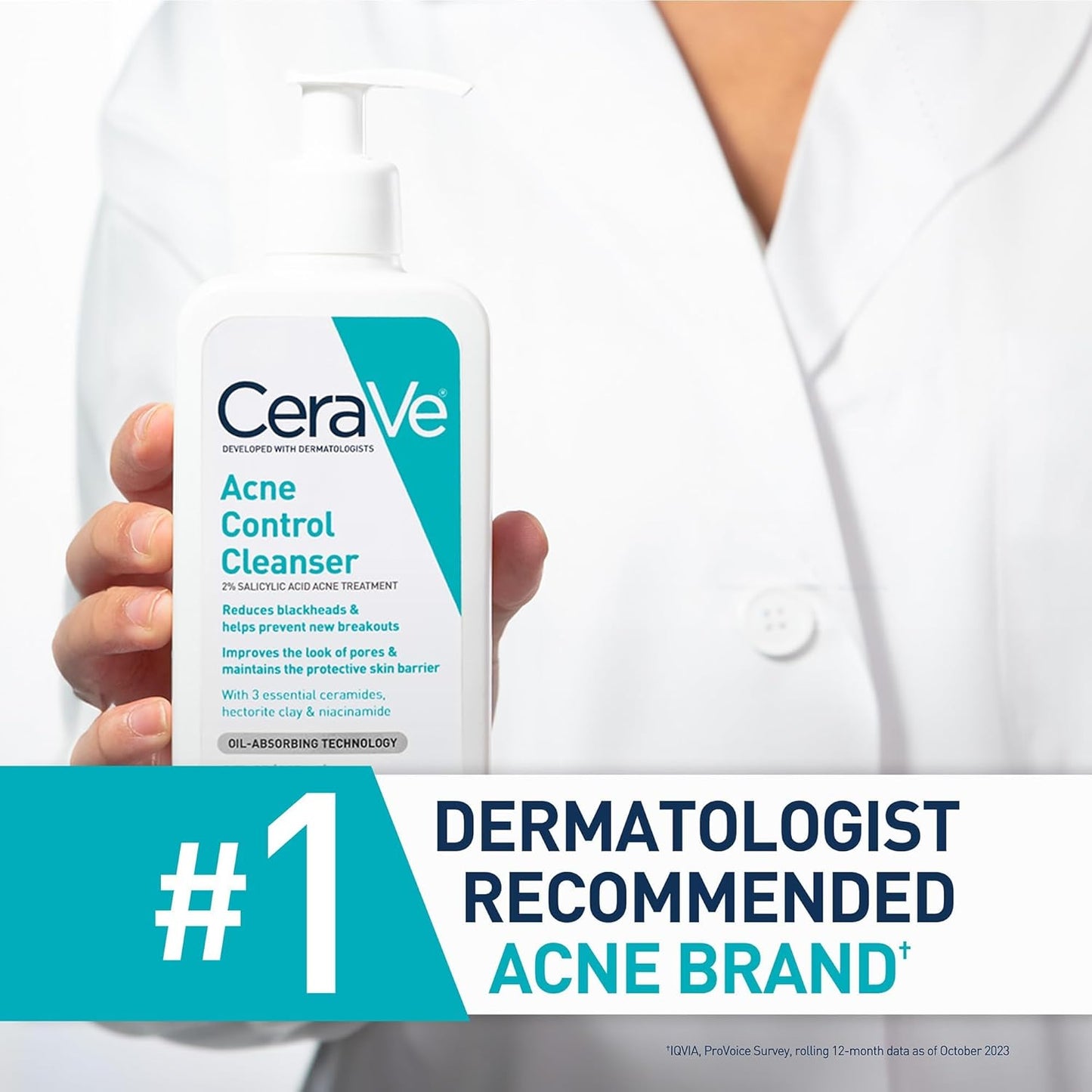 CeraVe Acne Control Cleanser held by a person in a white coat with branding text.