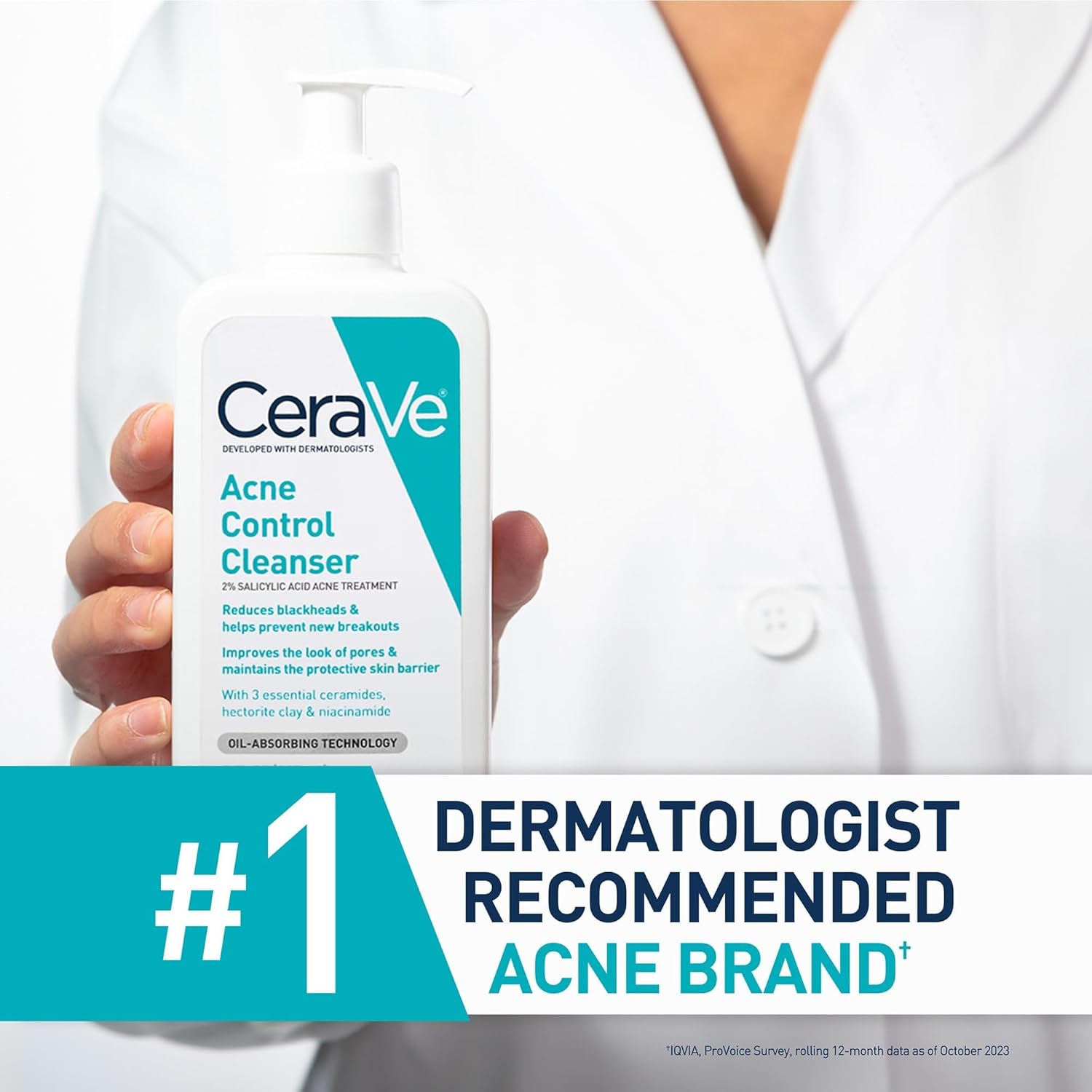 CeraVe Acne Control Cleanser held by a person in a white coat with branding text.