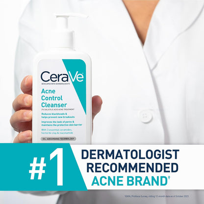 CeraVe Acne Control Cleanser held by a person in a white coat with branding text.