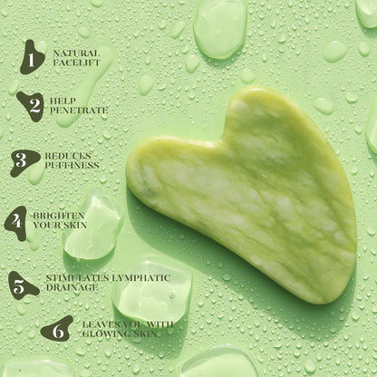 Green jade gua sha tool on a green background with text describing its benefits.