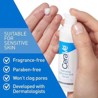 Cerave serum bottle held by a hand with product features listed on a blue background